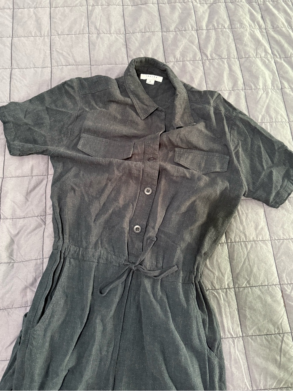 Black Short Sleeve Button Front Jumpsuit with Drawstring Waist